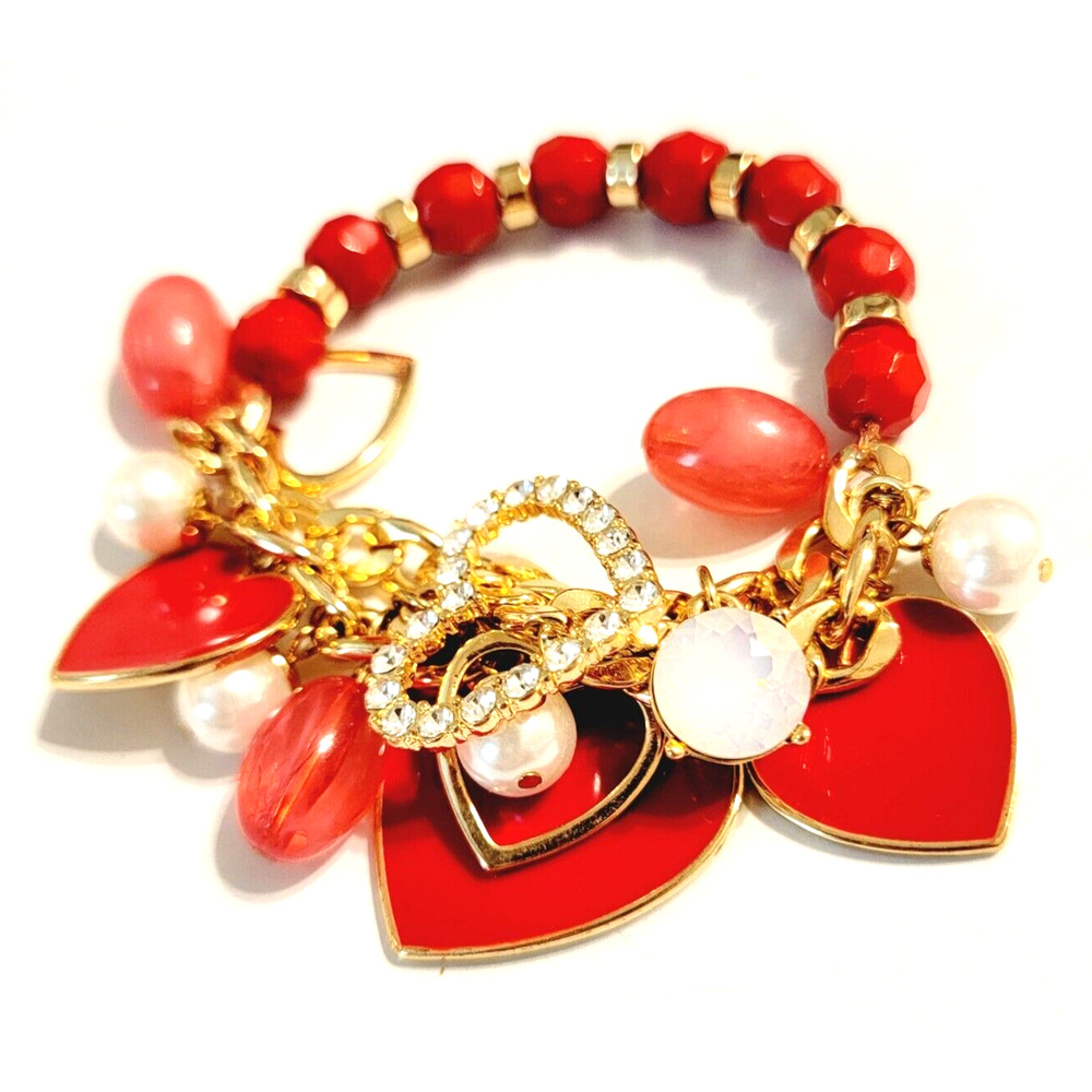 Fun Charm Bracelet Pink Red‎ Rhinestone Lucite Gold-tone Curb Chain Heart gbr-50